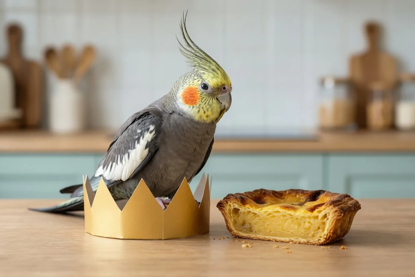 Een valkparkiet zit op een gouden papieren kroon naast een aangesneden frangipanetaart op een houten tafel, in een lichte keuken met lichtblauwe kasten en houten keukengerei.