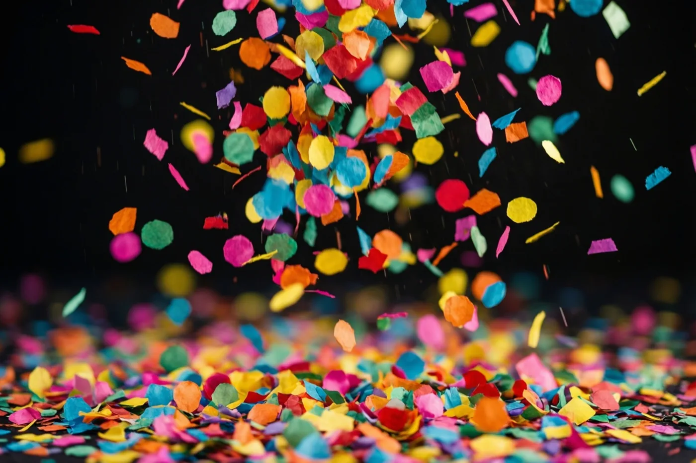 Roze, gele, blauwe en oranje papieren confetti valt tegen een donkere achtergrond, terwijl enkele stukjes al op het oppervlak eronder liggen.