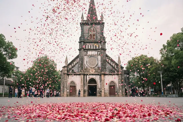 Rozenblaadjes vallen voor een oude stenen kerk met een hoge spits en bedekken de grond, met mensen in de verte bij de ingang.