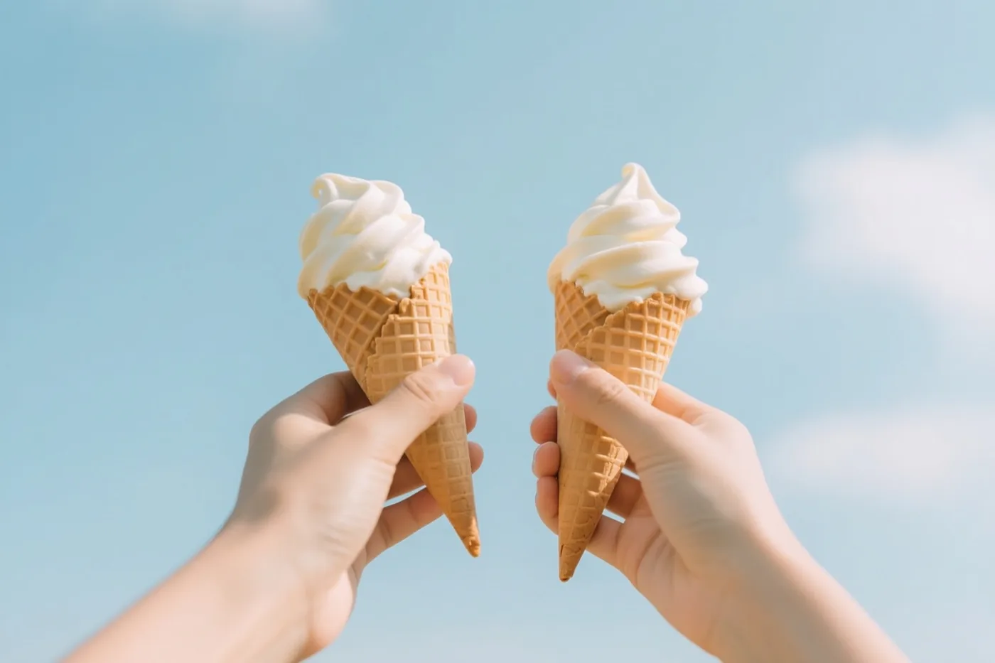 Twee handen houden hoorntjes met vanillesoftijs omhoog tegen een helderblauwe zomerlucht.