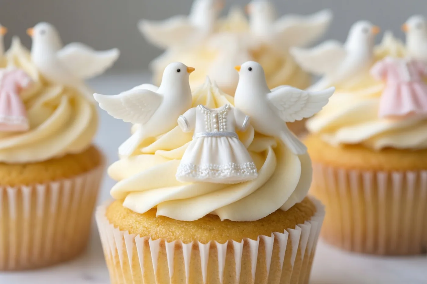 Vanillecupcakes met opgespoten roomglazuur zijn versierd met kleine doopkleedjes en witte duifjes van suiker, tegen een zachte neutrale achtergrond.
