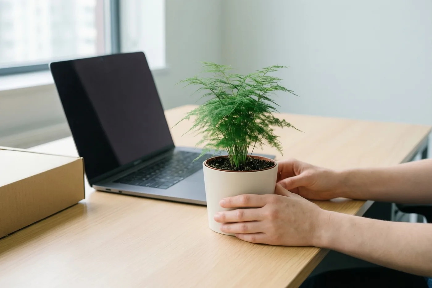 Twee handen zetten een kleine varen in een pot op een licht houten bureau naast een open laptop en een kartonnen doos, bij daglicht uit een raam.