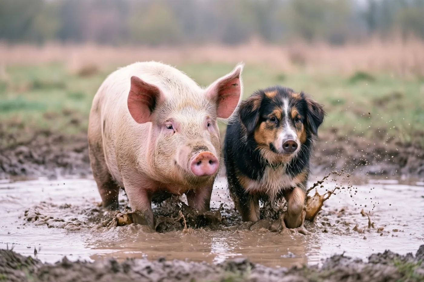 Een varken en een hond spatten samen in een modderplas in een veld, met bruine moddertinten en de roze huid van het varken.