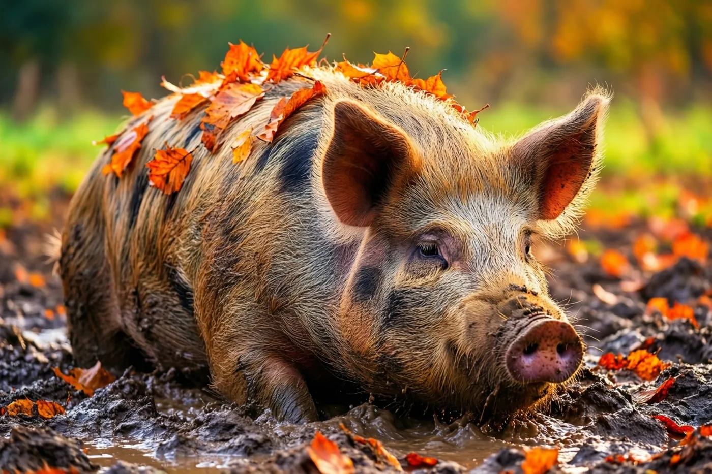 Een varken rolt in een modderig veld met oranje herfstbladeren op zijn rug en wazig herfstloof op de achtergrond.