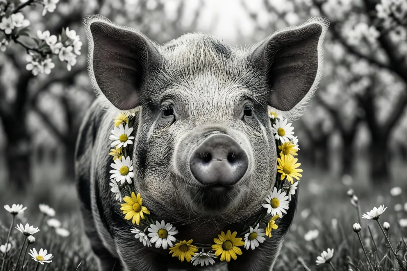 Een varken met een ketting van gele en witte madeliefjes rond de nek staat in een bloeiende boomgaard tegen een zwart-witte achtergrond.