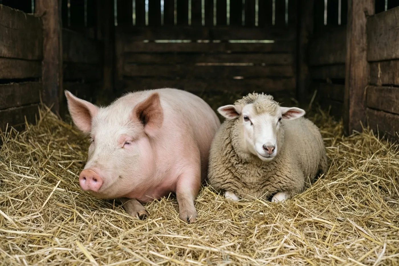 Een varken en een schaap liggen naast elkaar op stro in een oude houten schuur, in zacht daglicht met roze, beige en bruine tinten.