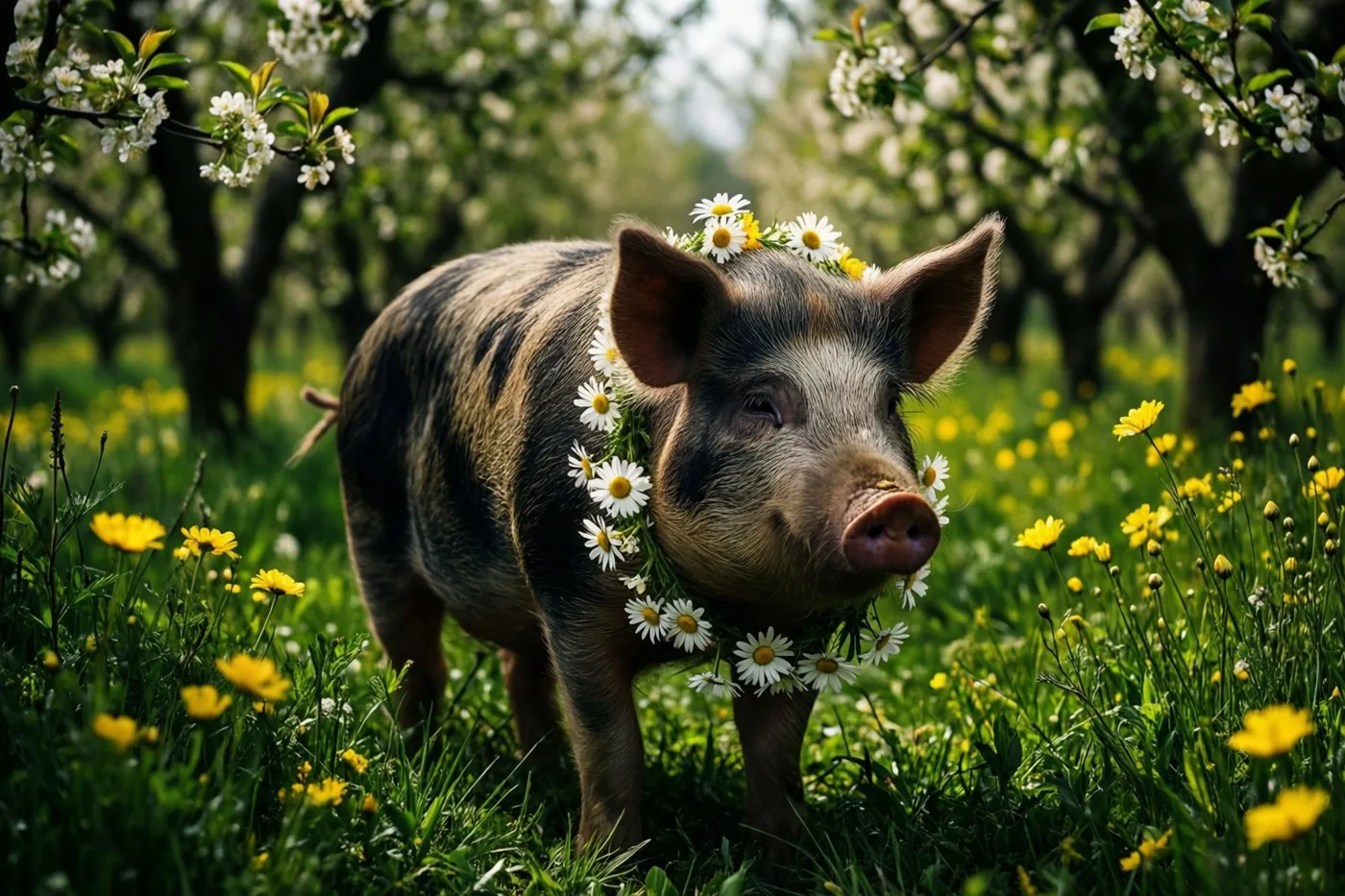 Een varken met een ketting van madeliefjes rond de nek staat in een grasveld met gele bloemen, omringd door bomen met witte bloesems.