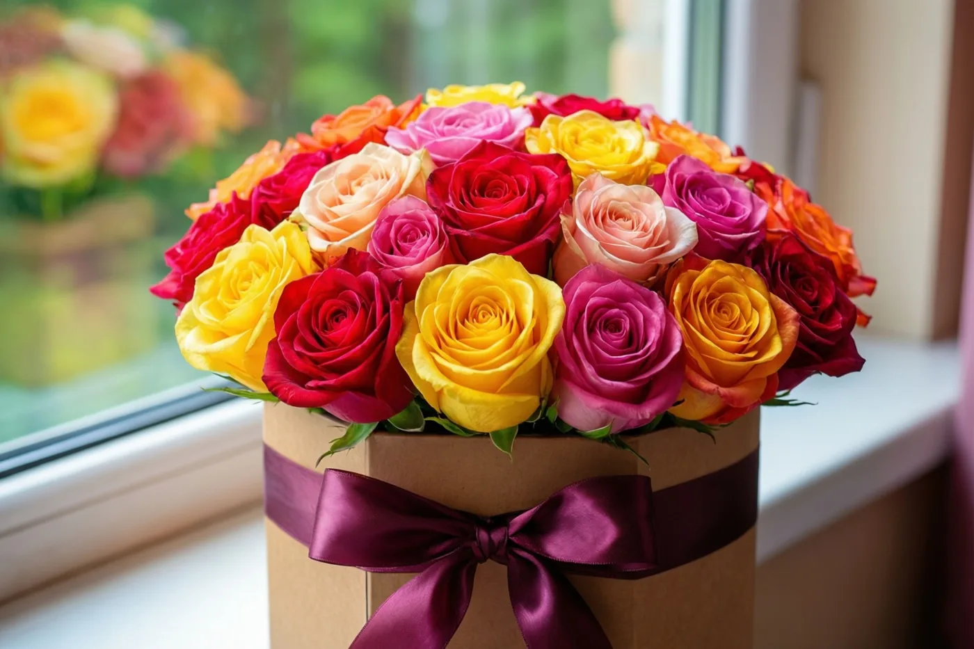 Een bruin kartonnen doosje met rode, gele, roze en oranje rozen en een paars satijnen lint staat op een vensterbank in helder daglicht met een wazige buitenachtergrond.