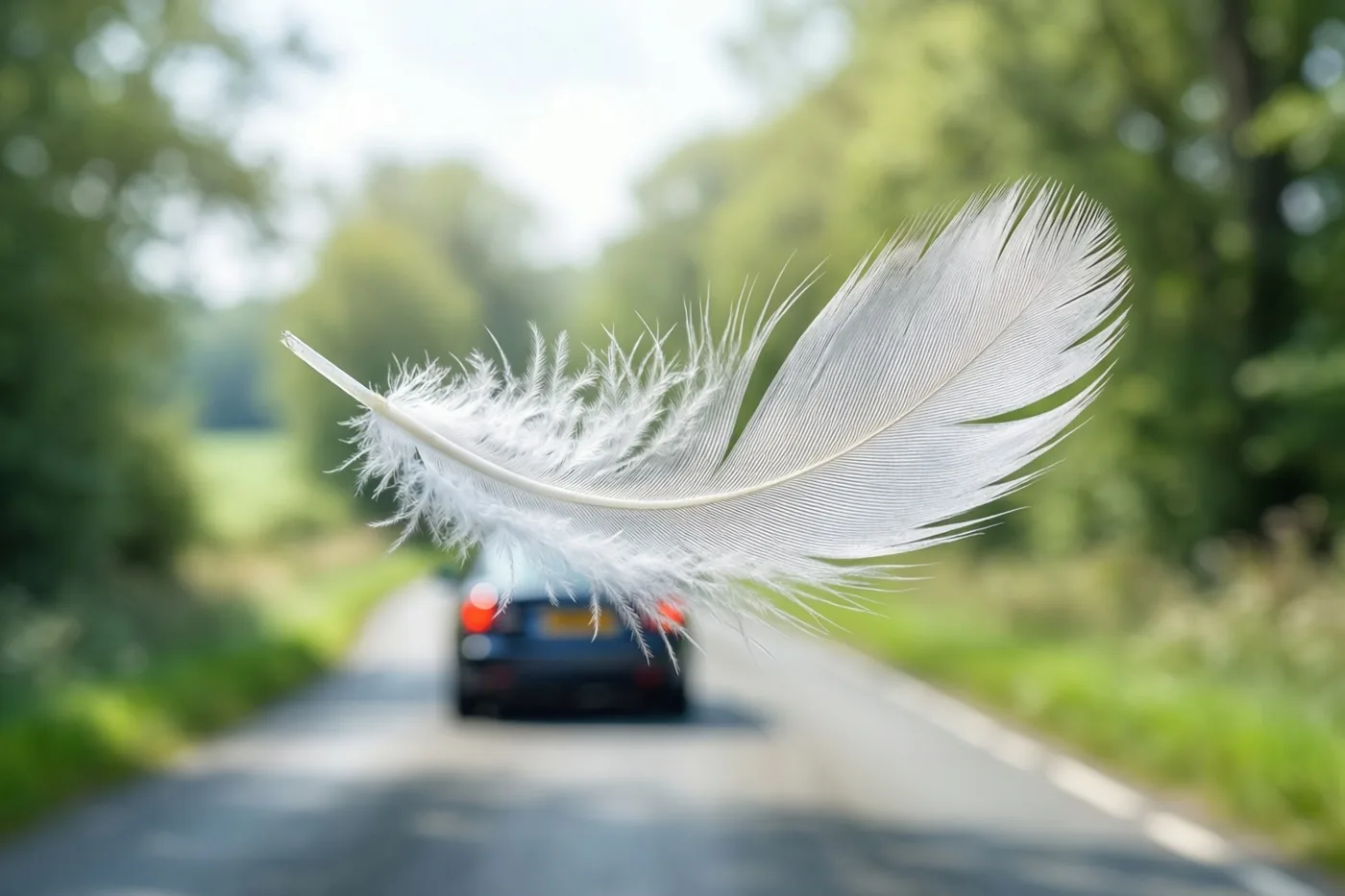 Een witte veer zweeft scherp in beeld boven een landweg, met een onscherpe wegrijdende auto tussen groene bomen in helder daglicht.