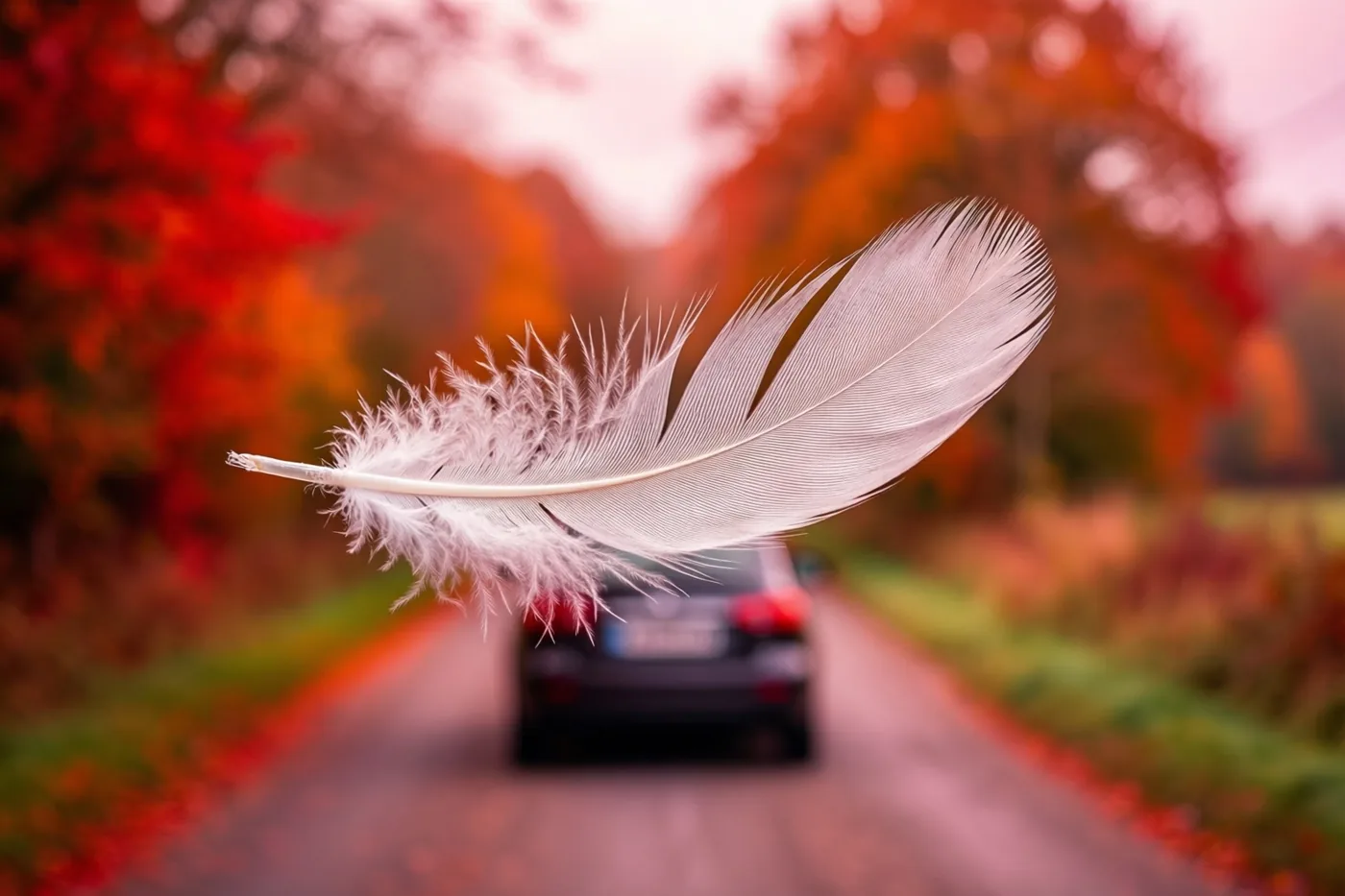 Een witte veer zweeft voor een onscherpe zwarte auto die wegrijdt over een landweg tussen rode en oranje herfstbladeren.