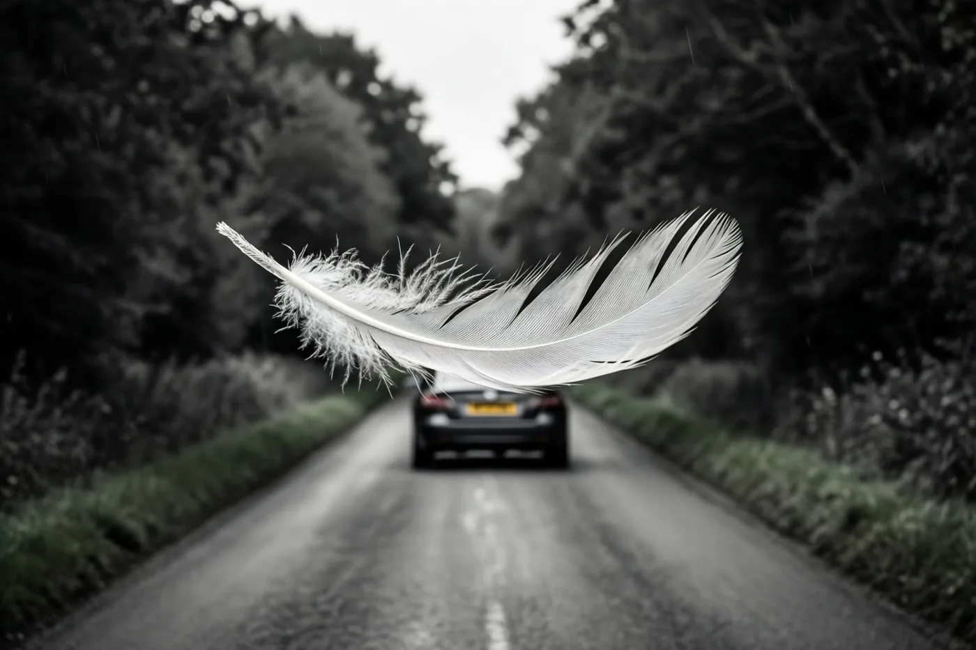 Op deze zwart-witfoto hangt een witte veer boven een landweg met een wegrijdende auto op de achtergrond.