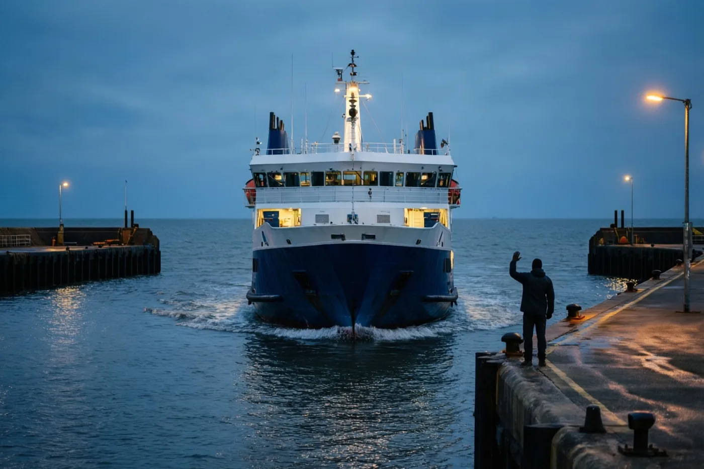 Een persoon zwaait op de kade naar een vertrekkende blauw-witte veerboot op een grijze zee, met gele scheepslichten en straatlampen onder een schemerige hemel.