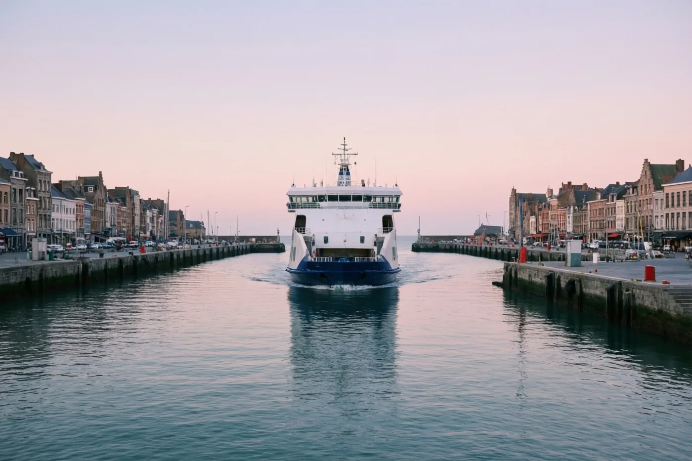 Een veerboot met een blauwe romp en witte bovenbouw vaart weg uit een haven tussen historische gebouwen, met roze en blauwe tinten op het kalme water.