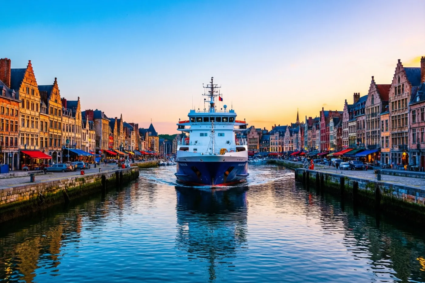 Een blauw-witte veerboot vaart door een smal kanaal tussen historische panden bij schemering, met een blauw-oranje lucht die in het kalme water weerspiegelt.