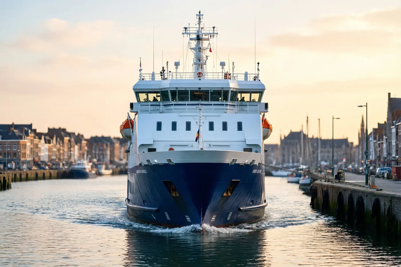 Een veerboot verlaat bij schemering een haven met gebouwen langs het water, in blauwe, witte en gouden tinten.