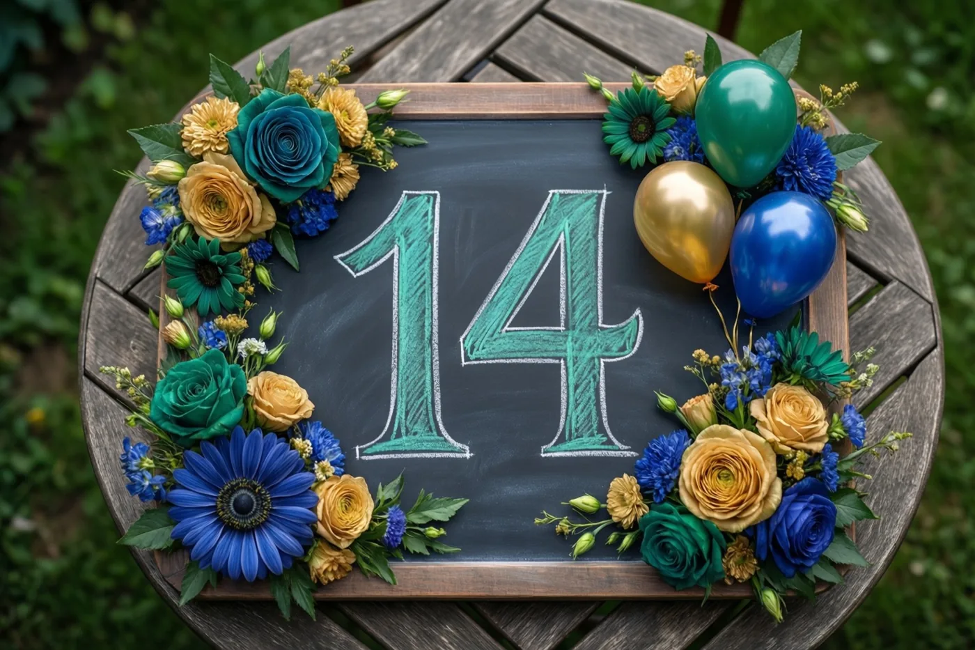 Een krijtbord met 14 in blauwgroen krijt staat op een houten tuintafel tussen kleurrijke bloemen en ballonnen, met vooral blauwe, blauwgroene en gouden tinten.