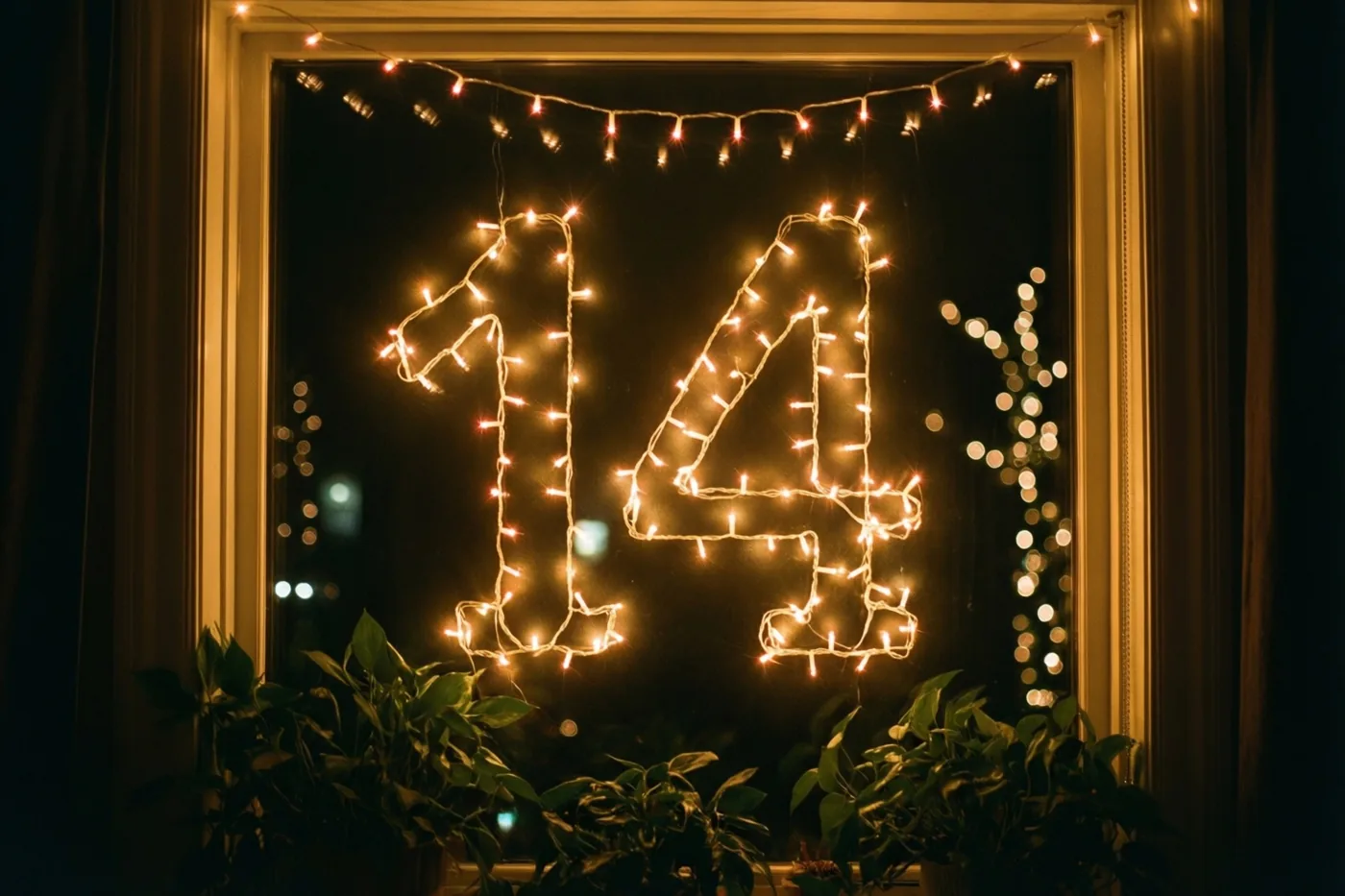Warme lichtjes vormen 14 op een donkere ruit in een lichtgekleurd raamkozijn, met groene planten onderaan en onscherpe feestlichtjes in de nachtelijke achtergrond.