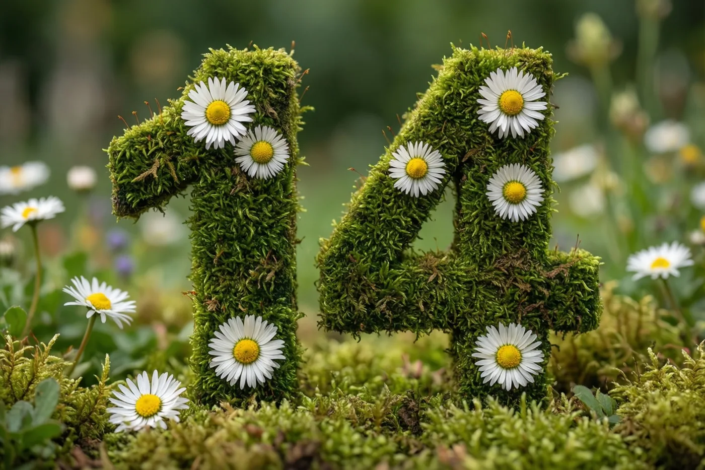 Een bemoste groene haag vormt het getal 14 en is versierd met witte madeliefjes in een landelijke tuin met een onscherpe achtergrond.