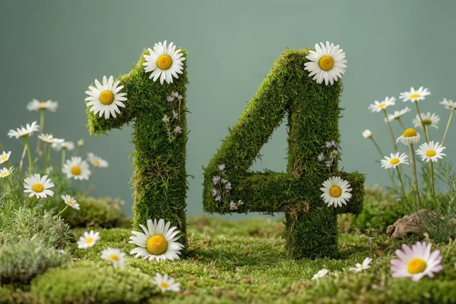 Het getal 14 is gemaakt van groen mos en versierd met witte madeliefjes in een landelijke tuin.