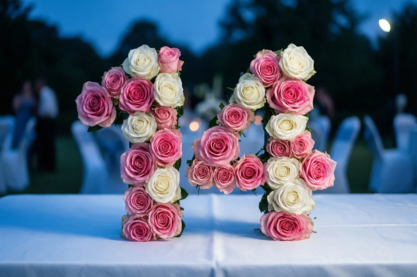 Roze en witte rozen vormen 14 op een wit tafelkleed buiten bij schemering, met een blauwe hemel en een onscherpe achtergrond.