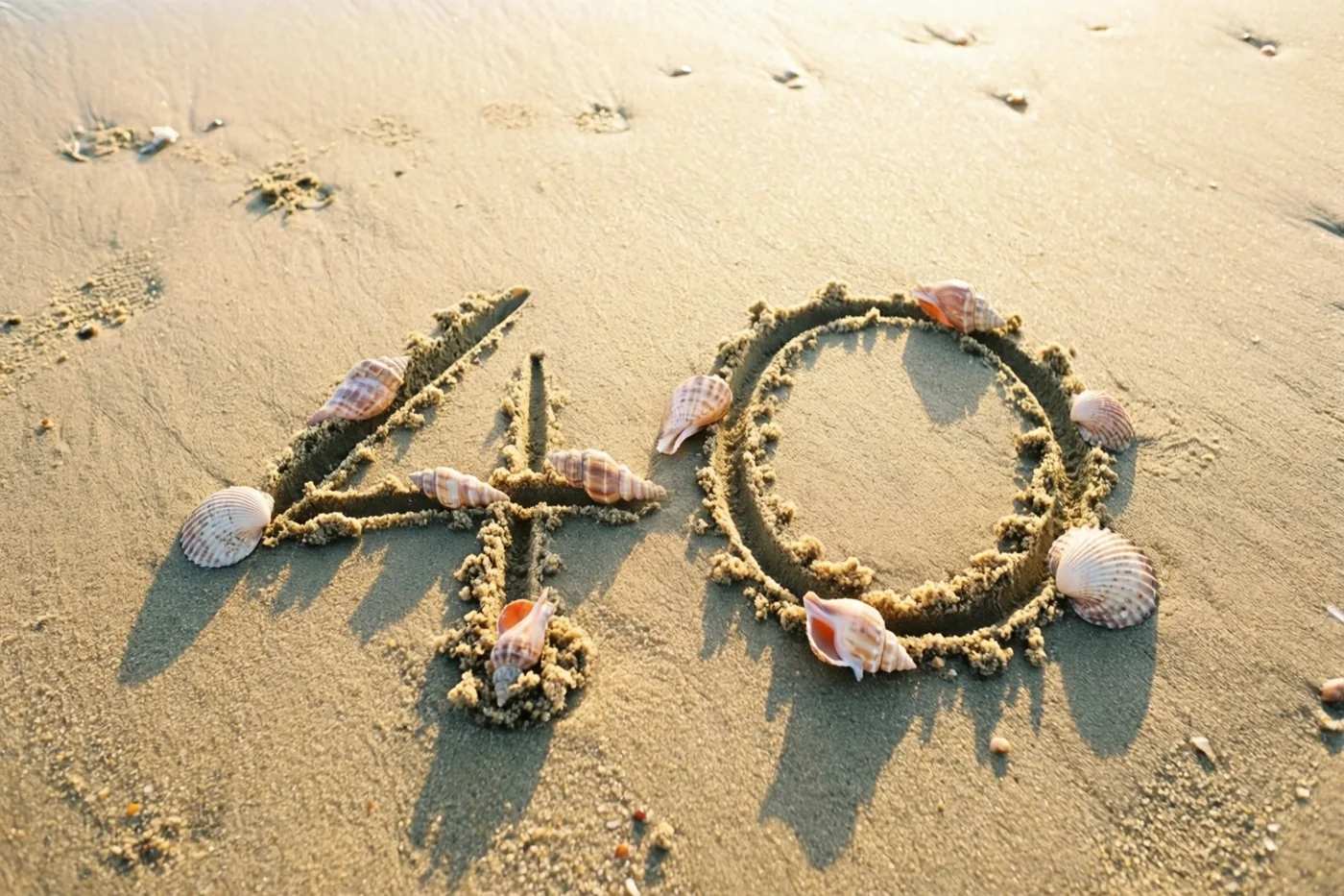 Het getal 40 is in strandzand getekend tussen schelpen die zachte schaduwen werpen in warm gouden licht.