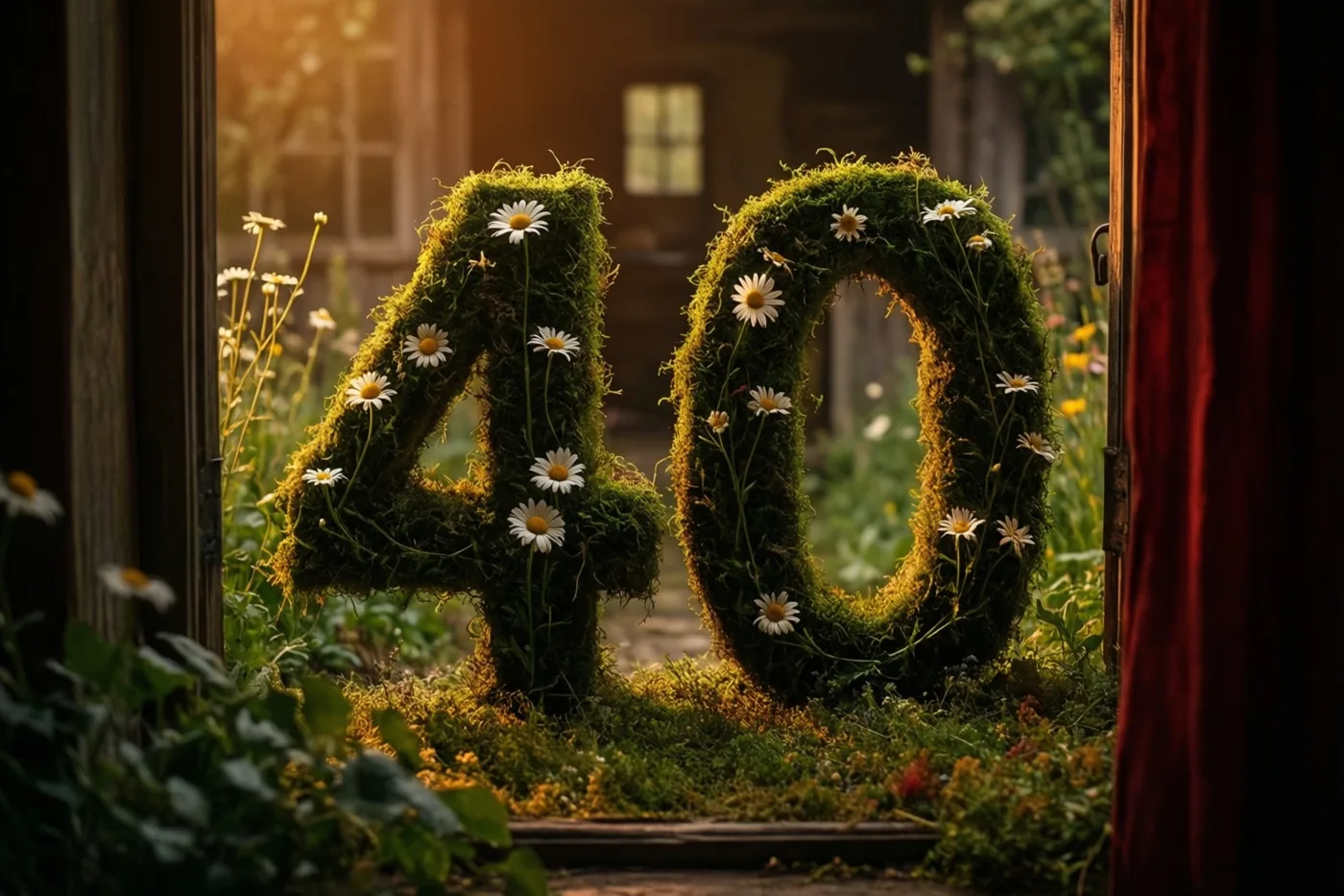 Door een open deuropening is het getal 40 te zien, gevormd uit een met mos begroeide haag en versierd met madeliefjes in een tuin met warm zonlicht.