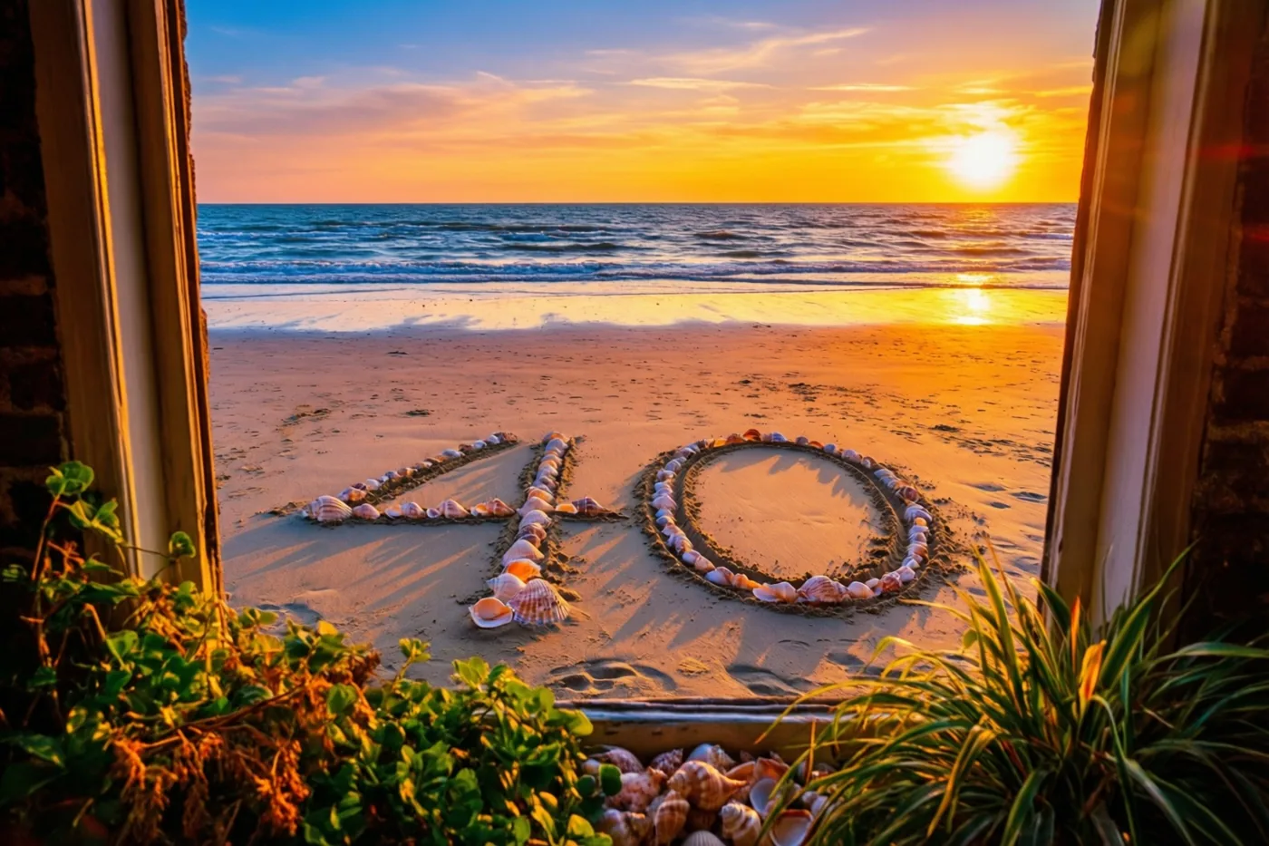 Door een raamkozijn met planten op de voorgrond is 40 in het strandzand te zien, omringd door schelpen bij een gouden en oranje zonsondergang.