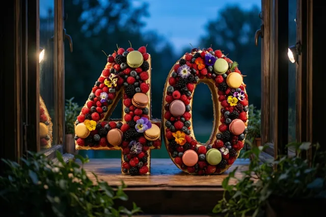 Een taart in de vorm van 40 met bessen, macarons en eetbare bloemen staat bij schemering op hout bij een raam, met warm licht, groen vooraan en een blauwe buitenachtergrond.