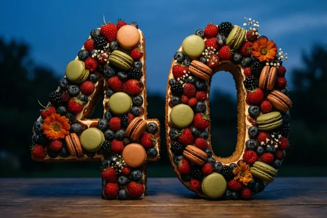 Twee grote cijfertaarten vormen samen 40 op een houten ondergrond, versierd met bessen, macarons en eetbare bloemen tegen een wazige blauwe achtergrond.