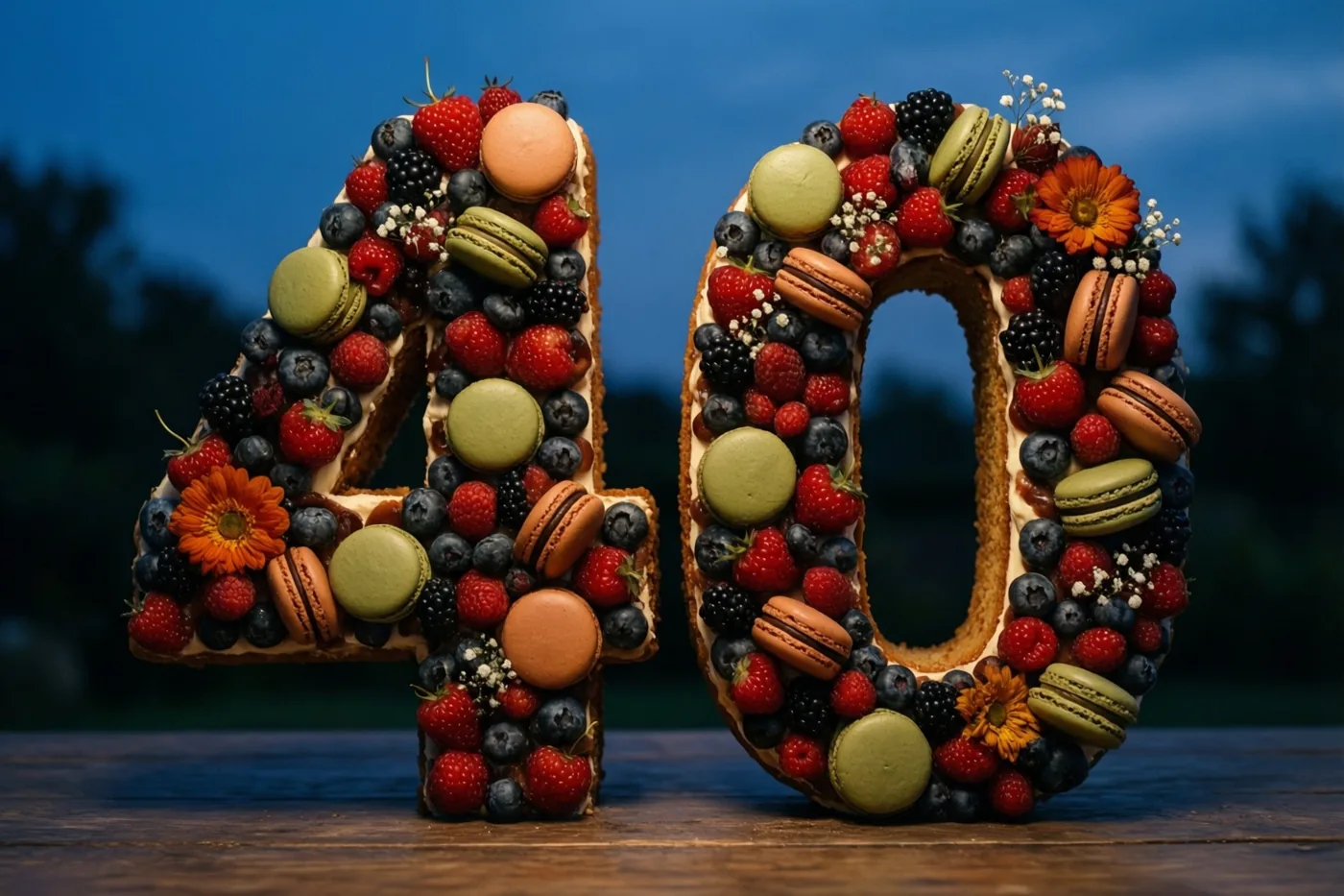 Twee grote cijfertaarten vormen samen 40 op een houten ondergrond, versierd met bessen, macarons en eetbare bloemen tegen een wazige blauwe achtergrond.
