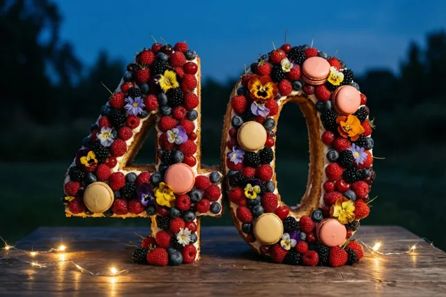 Een taart in de vorm van 40 met bessen, macarons en eetbare bloemen staat bij schemering op een houten tafel met lichtjes.