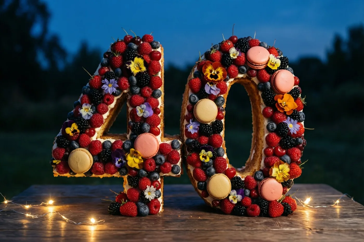 Een taart in de vorm van 40 met bessen, macarons en eetbare bloemen staat bij schemering op een houten tafel met lichtjes.
