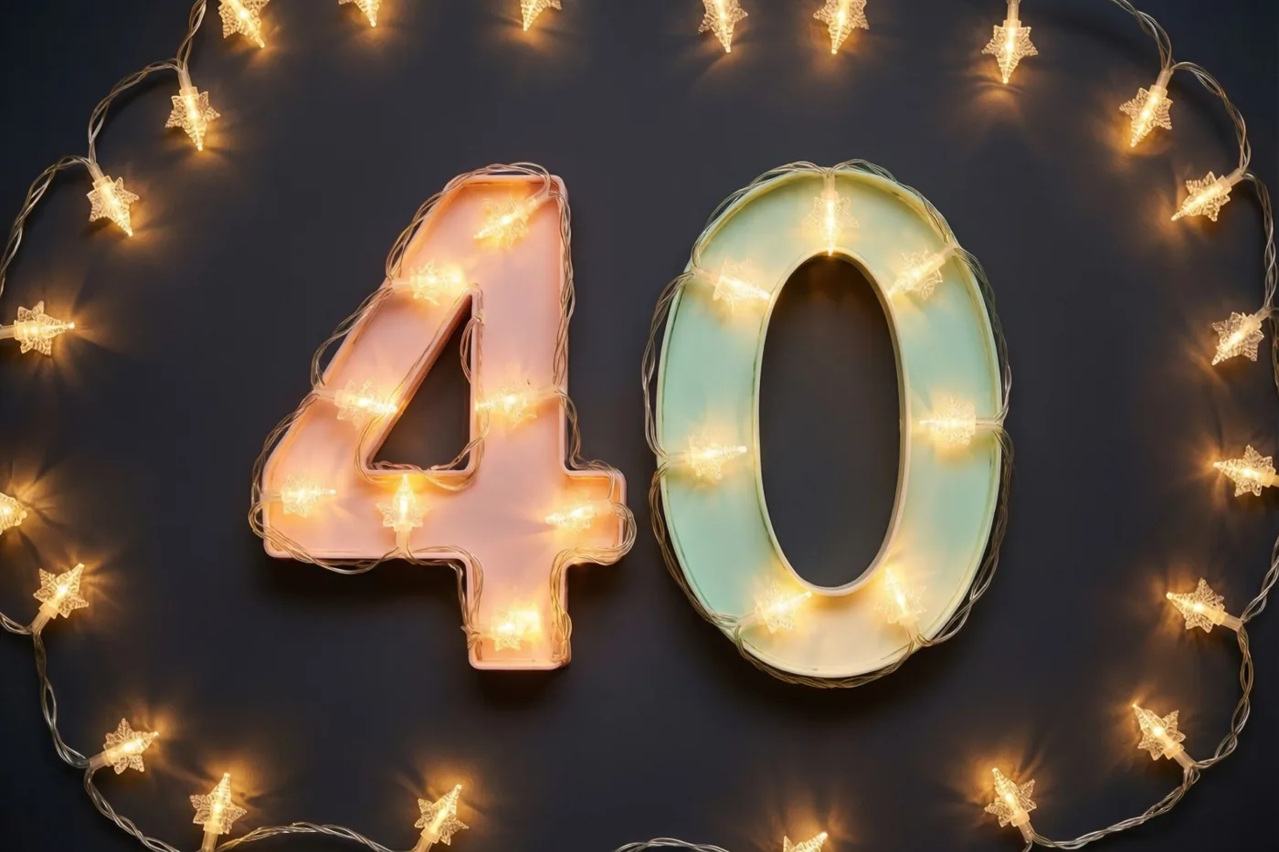 Gloeiende lichtjes vormen het getal 40 op een donkere muur, met wazige gouden lichtpunten eromheen.