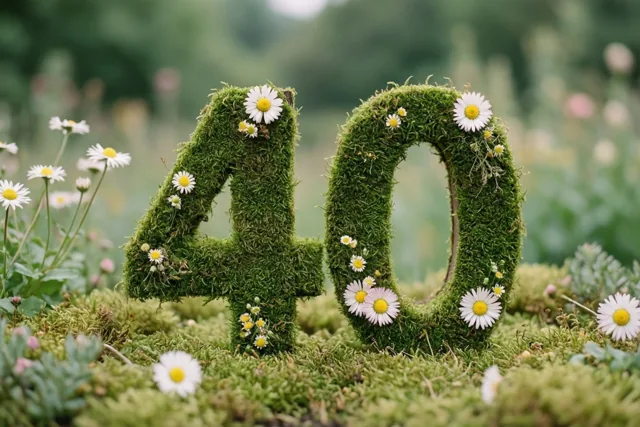 Een groene, mossige haag vormt het getal 40 met madeliefjes in een landelijke tuin in zachte groene, witte en gele tinten.