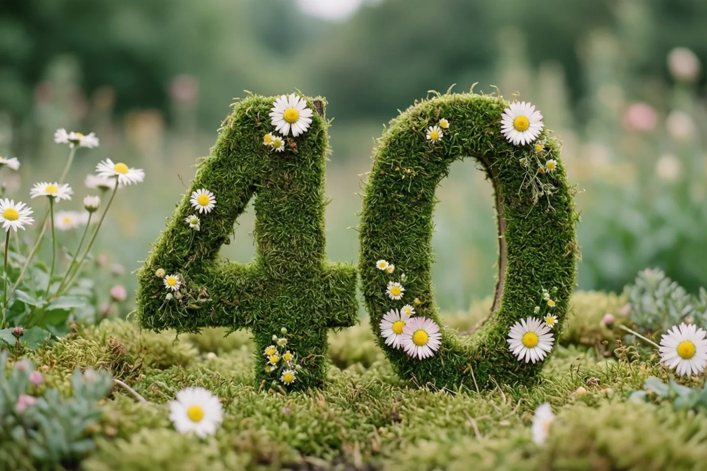 Een groene, mossige haag vormt het getal 40 met madeliefjes in een landelijke tuin in zachte groene, witte en gele tinten.