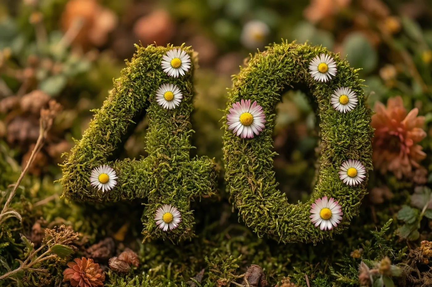 Het getal 40 van groen mos is versierd met madeliefjes en staat in een landelijke tuin met onscherp gebladerte op de achtergrond.