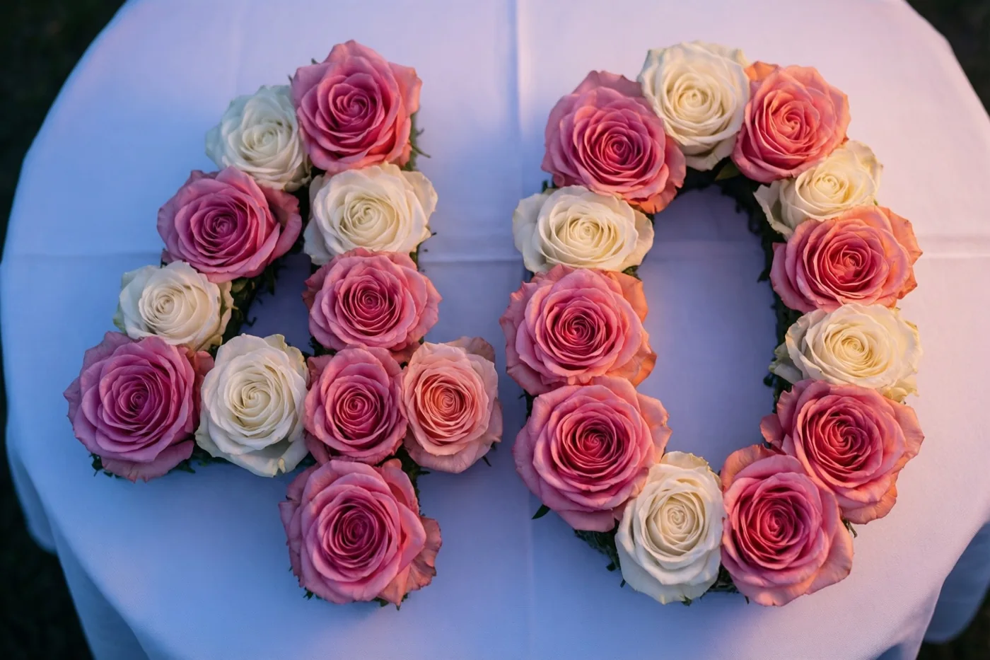 Roze en witte rozen vormen van bovenaf gezien het getal 40 op een wit tafelkleed in zacht licht.