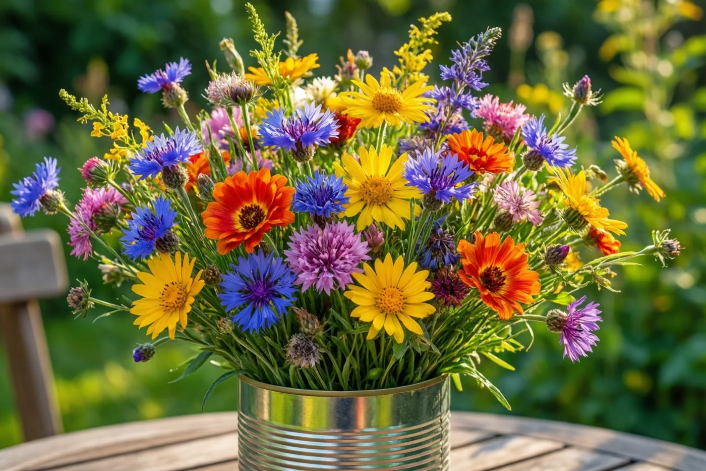 Gele, oranje, blauwe en paarse veldbloemen staan in een blik op een houten tuintafel tegen een onscherpe groene achtergrond.