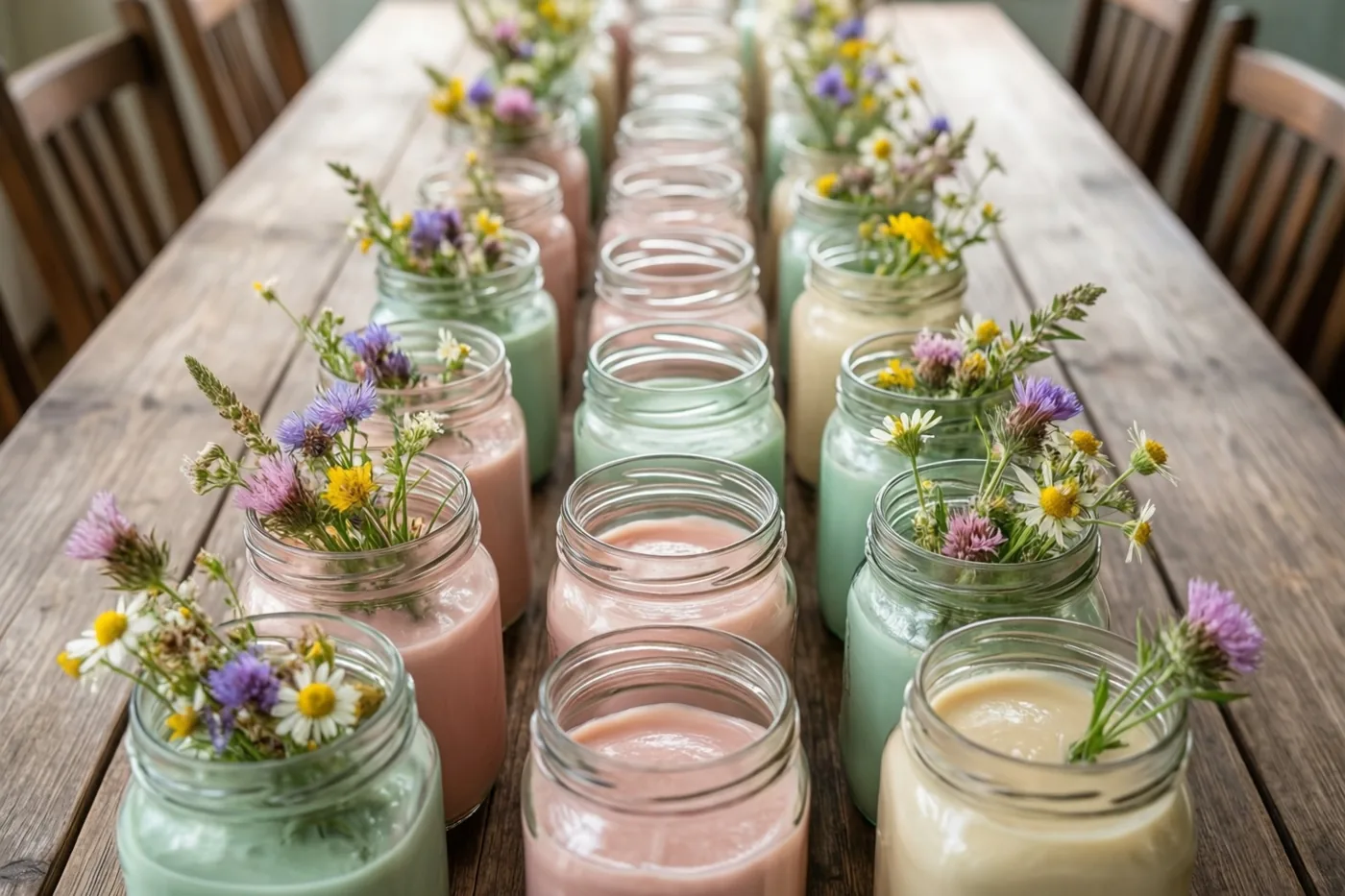 Op een lange houten tafel staan rijen glazen confituurpotten met roze en groene vloeistof en veldbloemen.
