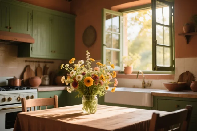 Een vaas met kleurrijke veldbloemen staat op een tafelkleed in een zonnige keuken met een open raam, groene kasten en terracotta accenten.
