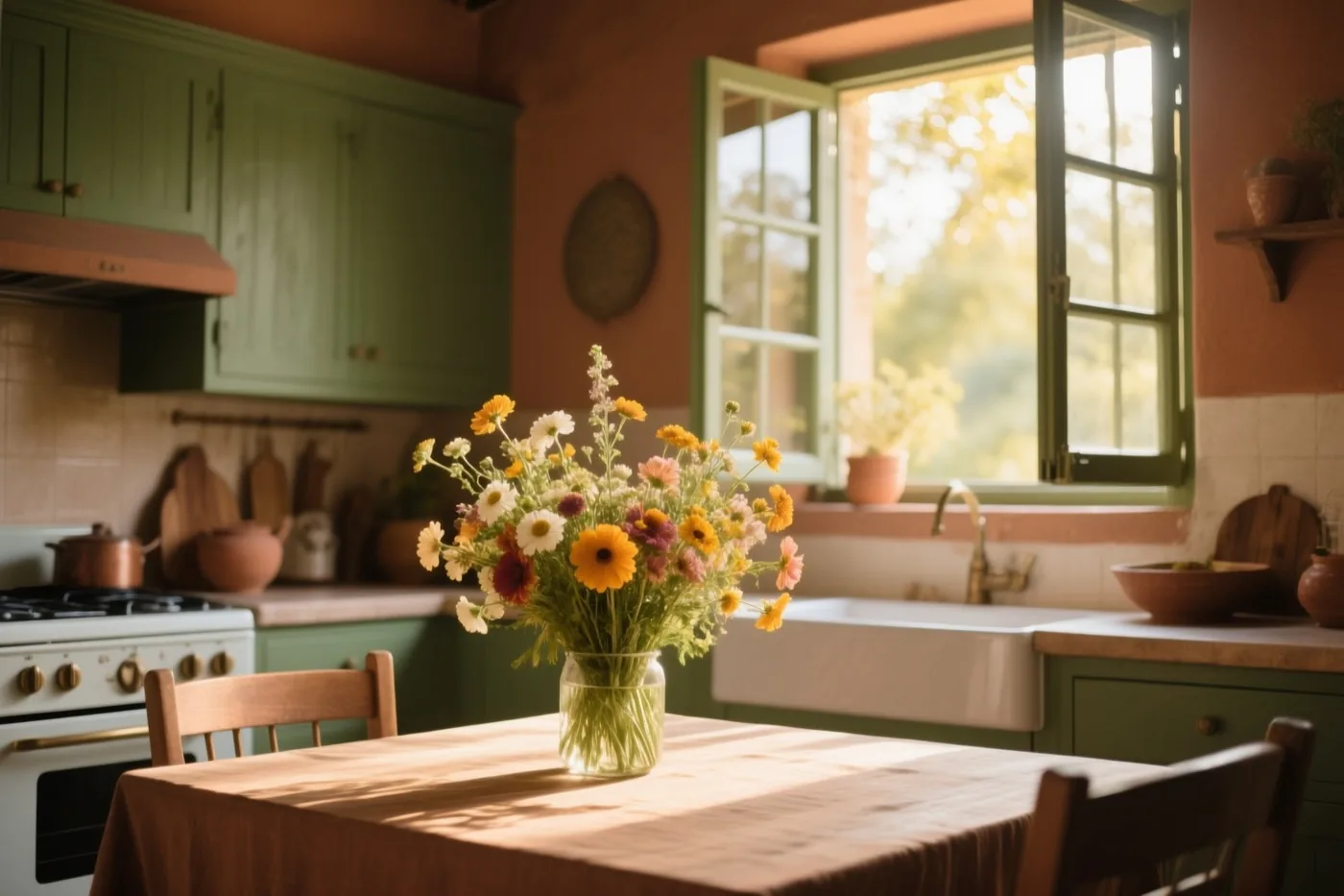 Een vaas met kleurrijke veldbloemen staat op een tafelkleed in een zonnige keuken met een open raam, groene kasten en terracotta accenten.