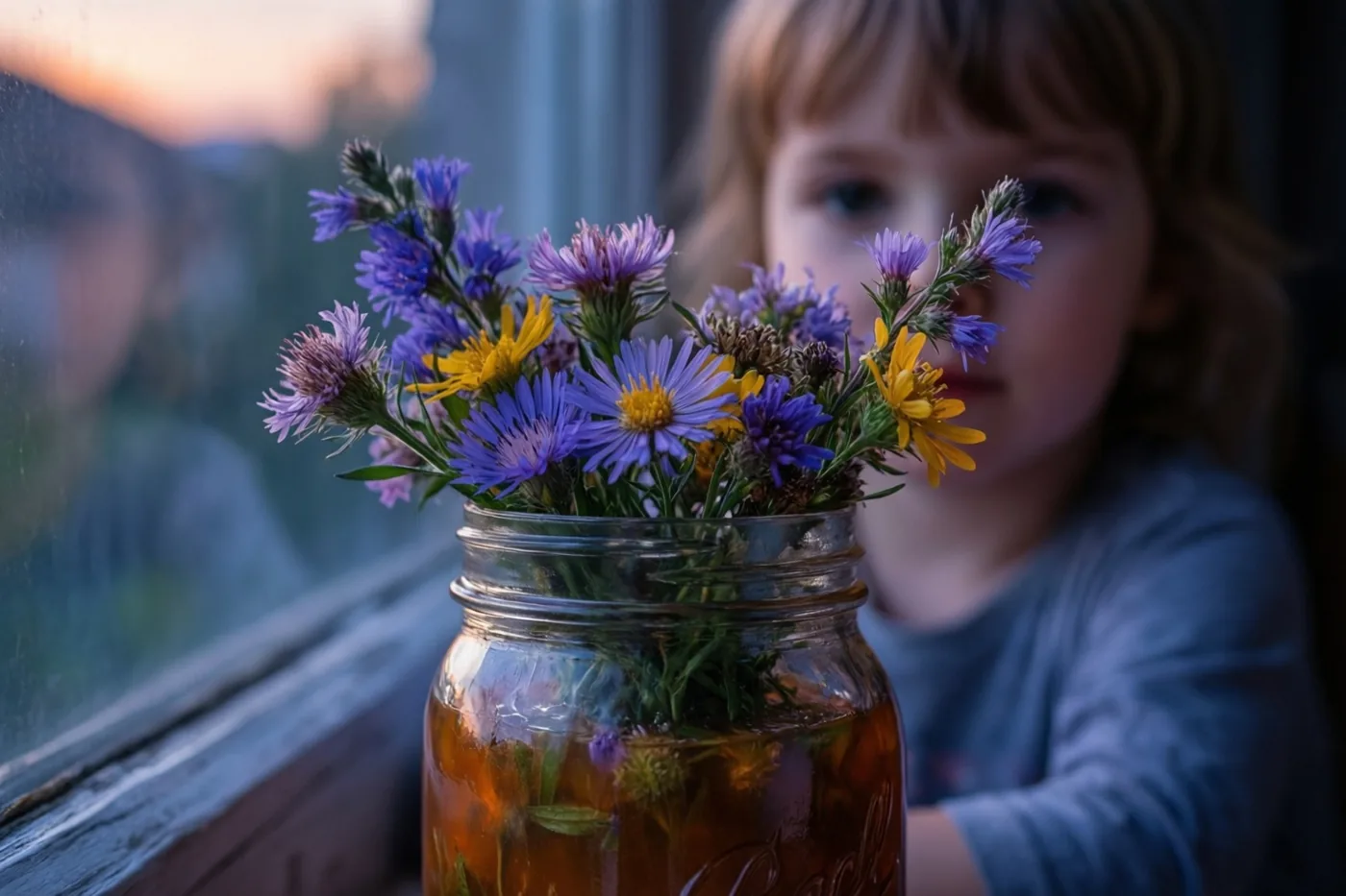 Een glazen pot met veldbloemen staat op een vensterbank in zacht avondlicht, met een jong kind onscherp op de achtergrond.