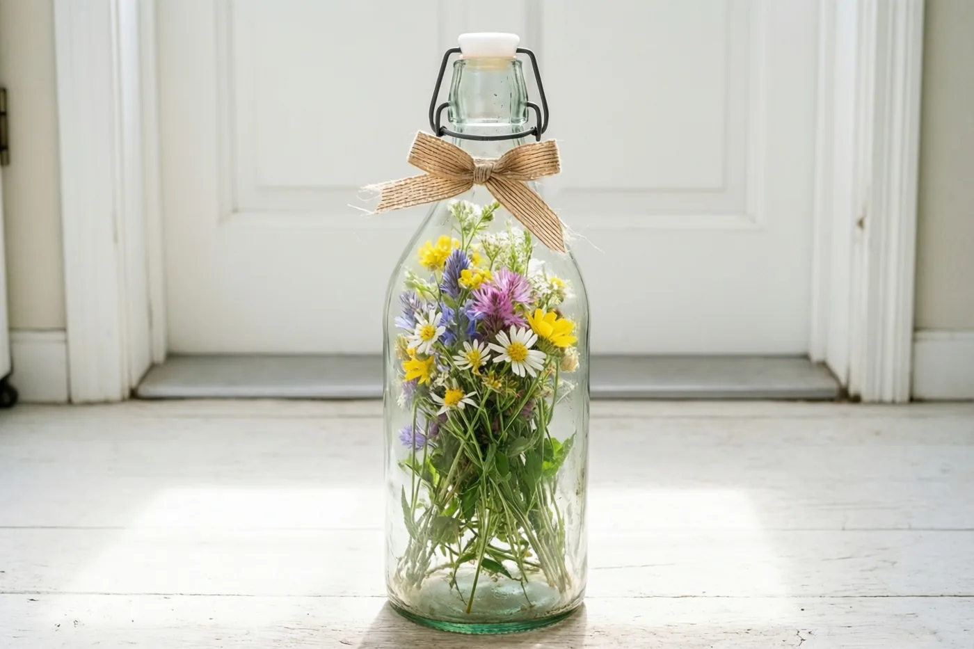 Een doorzichtige glazen melkfles met beugelsluiting en een juten strik staat op een witte houten vloer bij een witte deur, gevuld met veldbloemen waaronder margrieten en paarse bloemen.