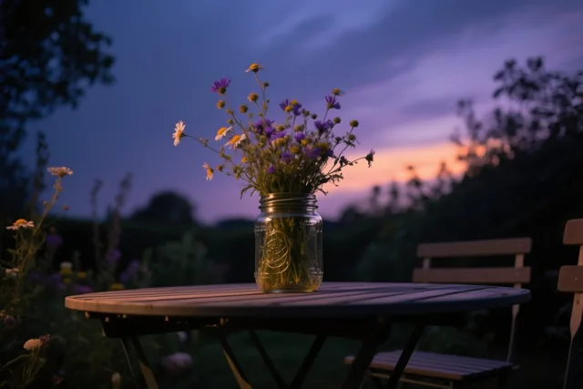 Een glazen pot met veldbloemen staat op een houten tuintafel bij schemering, onder een donkerblauwe en paarse lucht met een oranje gloed aan de horizon.