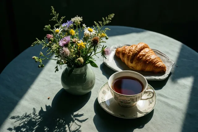 Een kop donkere thee op een schoteltje, een croissant op een bord en een vaasje veldbloemen staan in de zon op een groen tafelkleed.