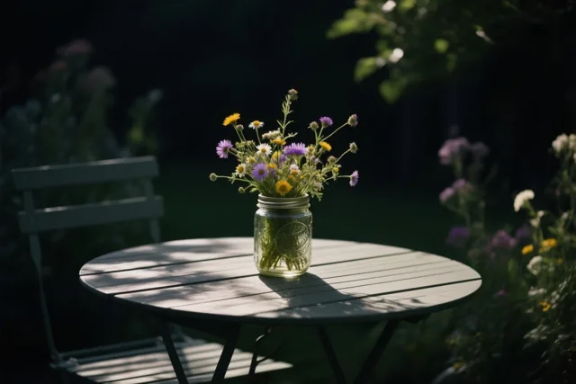Een glazen pot met veldbloemen staat op een ronde houten tuintafel in gevlekt zonlicht, met groen en wazige bloemen op de achtergrond.