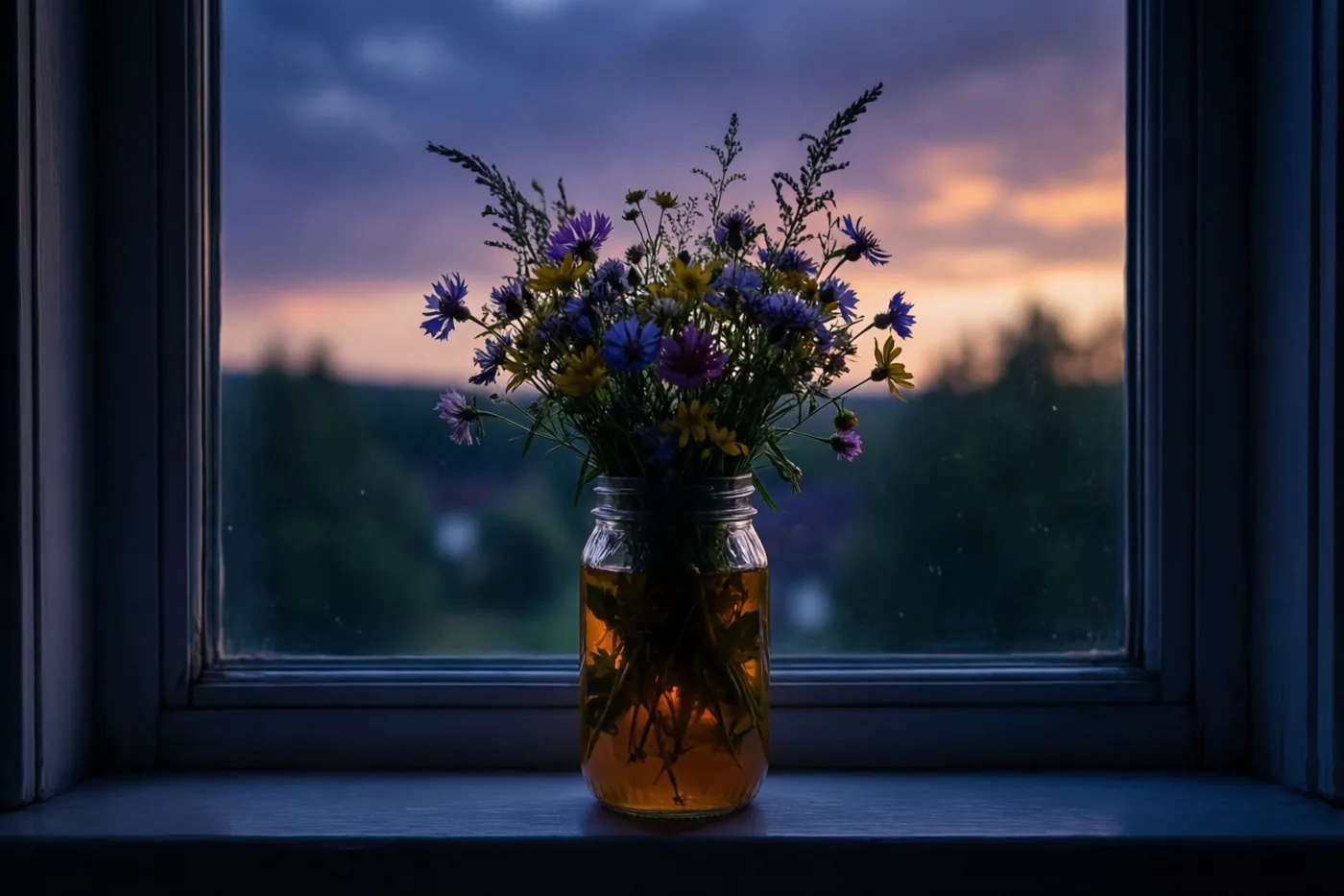 Een glazen pot met veldbloemen staat als silhouet op een vensterbank tegen een schemerlucht in paars en oranje.