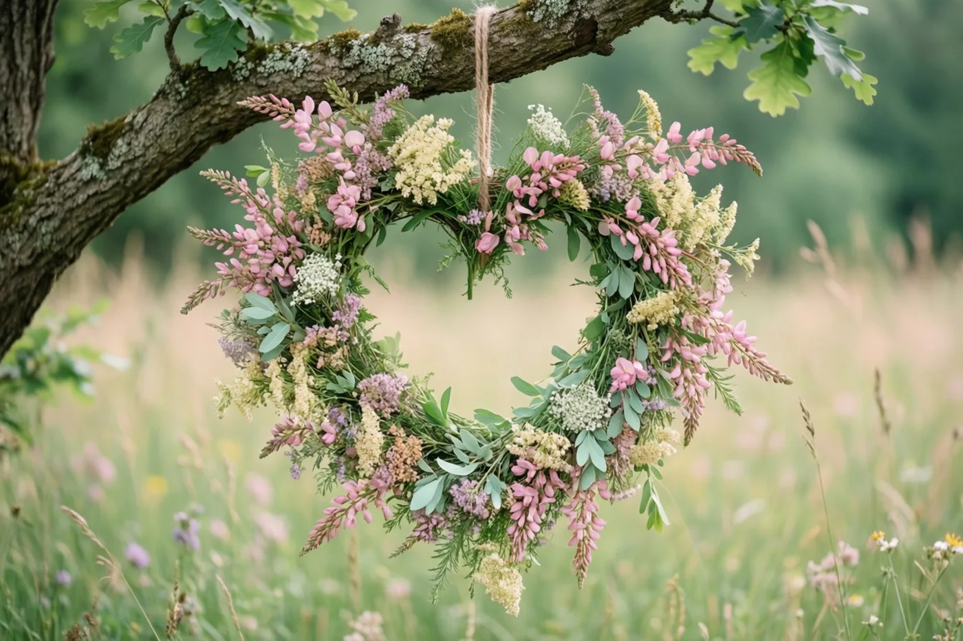 Een hartvormige krans van roze, witte en groene wilde bloemen hangt aan een mossige eikentak boven een zonnige weide met onscherp gras en groen op de achtergrond.