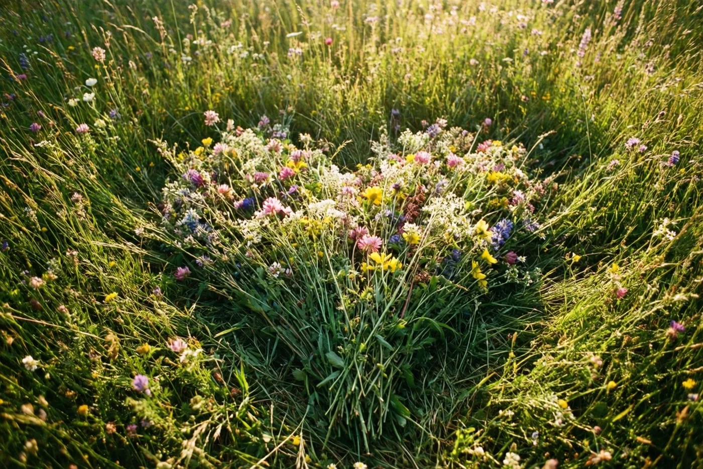 Veldbloemen liggen in de vorm van een hart in het gras van een zonnige weide, met vooral groene, gele en roze tinten.