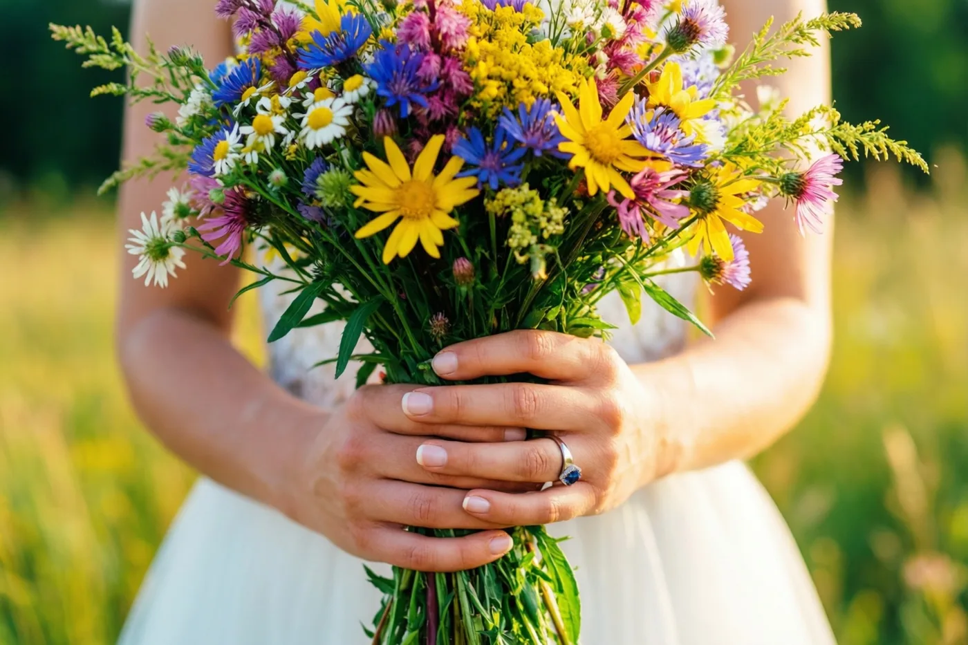 Een persoon in een witte jurk houdt met beide handen een kleurrijk boeket wilde bloemen vast, met een verlovingsring aan de linkerhand in een zonnig veld tegen een wazige groen-gele achtergrond.